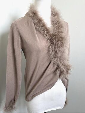 April Cornell Feather Trim Wrap Cardigan Taupe Romantic Boho s